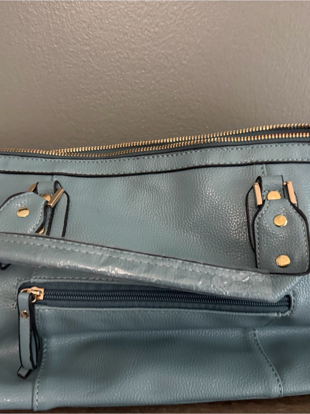 Soft Blue Women's Satchel Bag with Gold Hardware